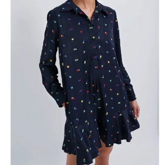 NEW Tuckernuck Floral Embroidered Mini Shirt Dress Navy Sheen Sz M Preppy Chic - Picture 1 of 16